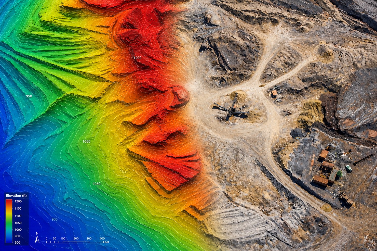 Digital surface model rendered as a color elevation ramp with contour lines over an orthomosaic